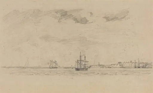 Coastal Landscape with Shipping, by Eugène Boudin, graphite, 1858