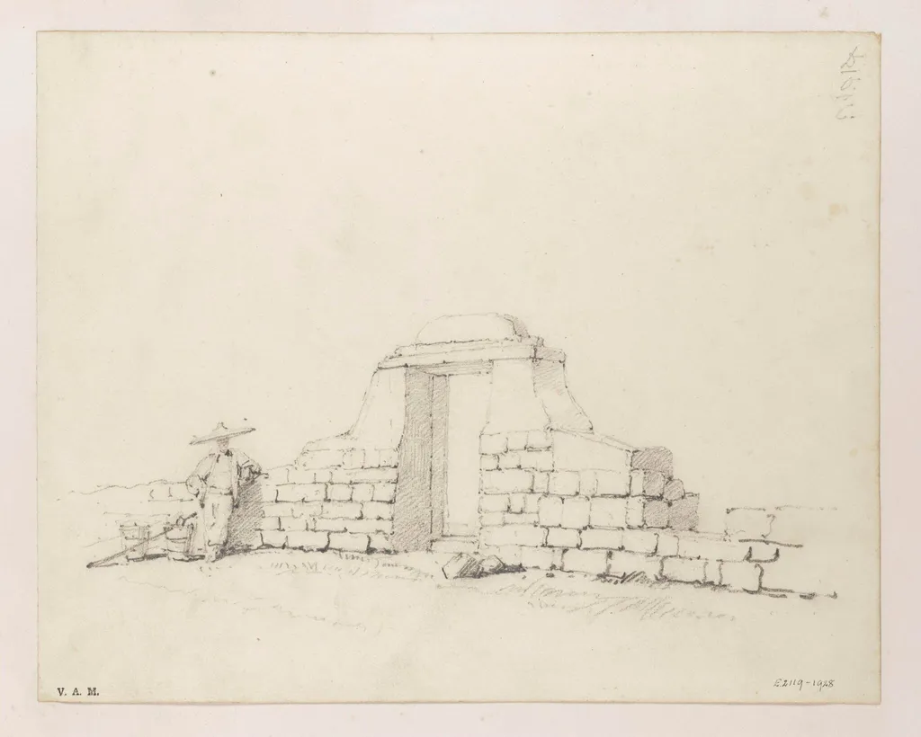 A Chinese figure by a doorway in a stone wall, by George Chinnery, 19