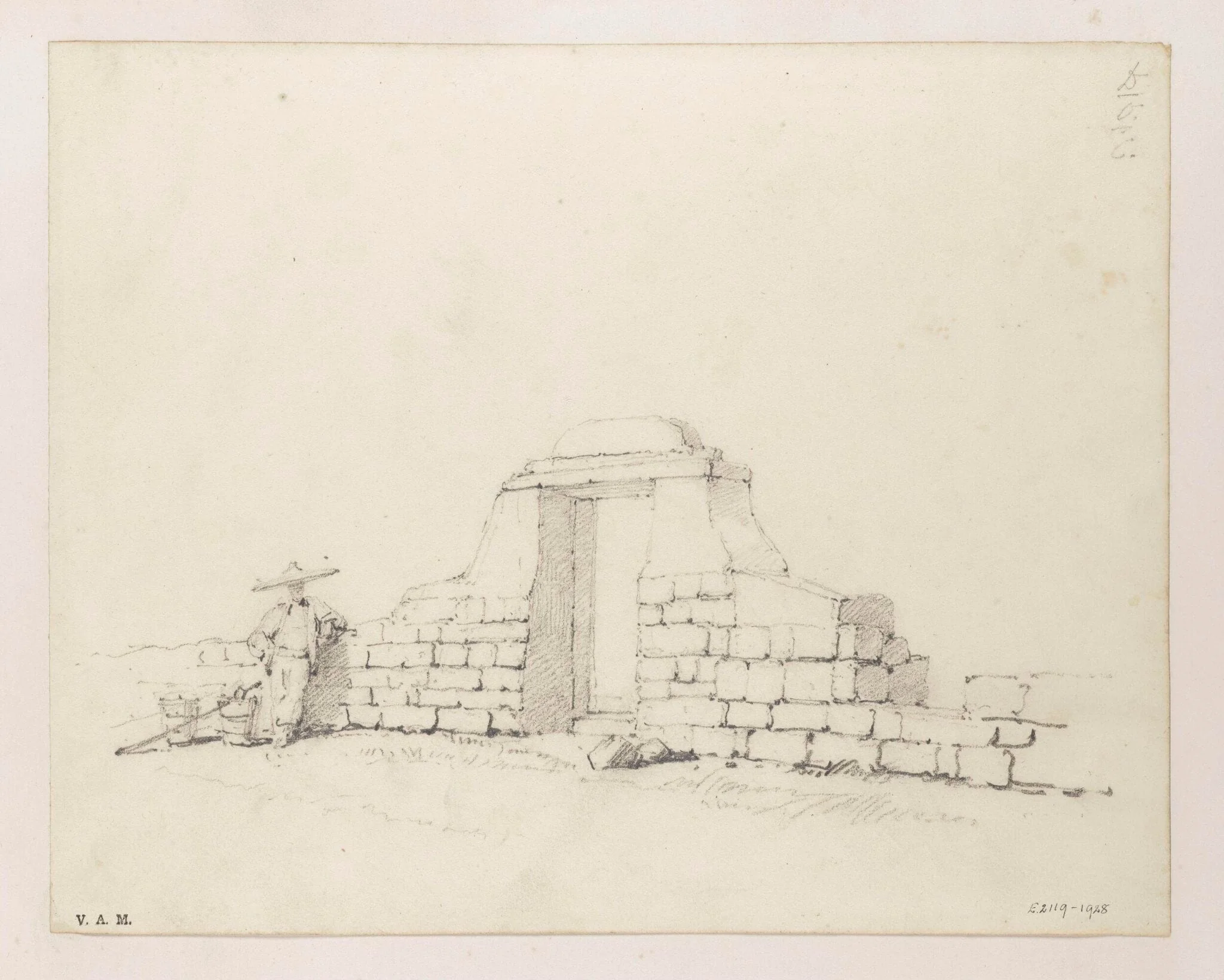 A Chinese figure by a doorway in a stone wall, detail