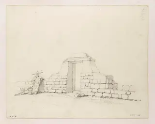 A Chinese figure by a doorway in a stone wall, by George Chinnery, 19