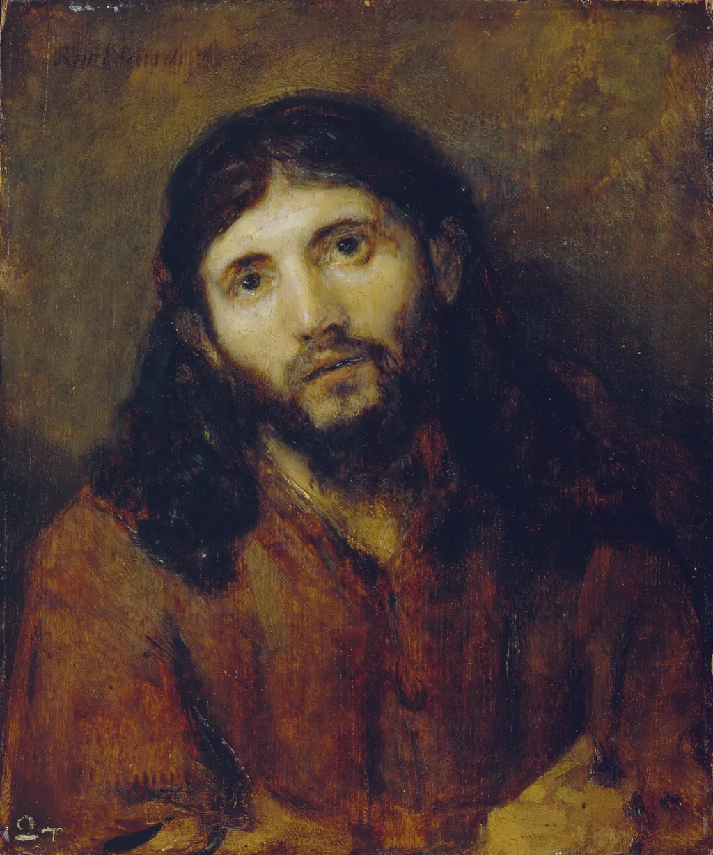 Head of Christ (after 'Dinner at Emmaus' in Louvre), by Rembrandt, oil, 1650
