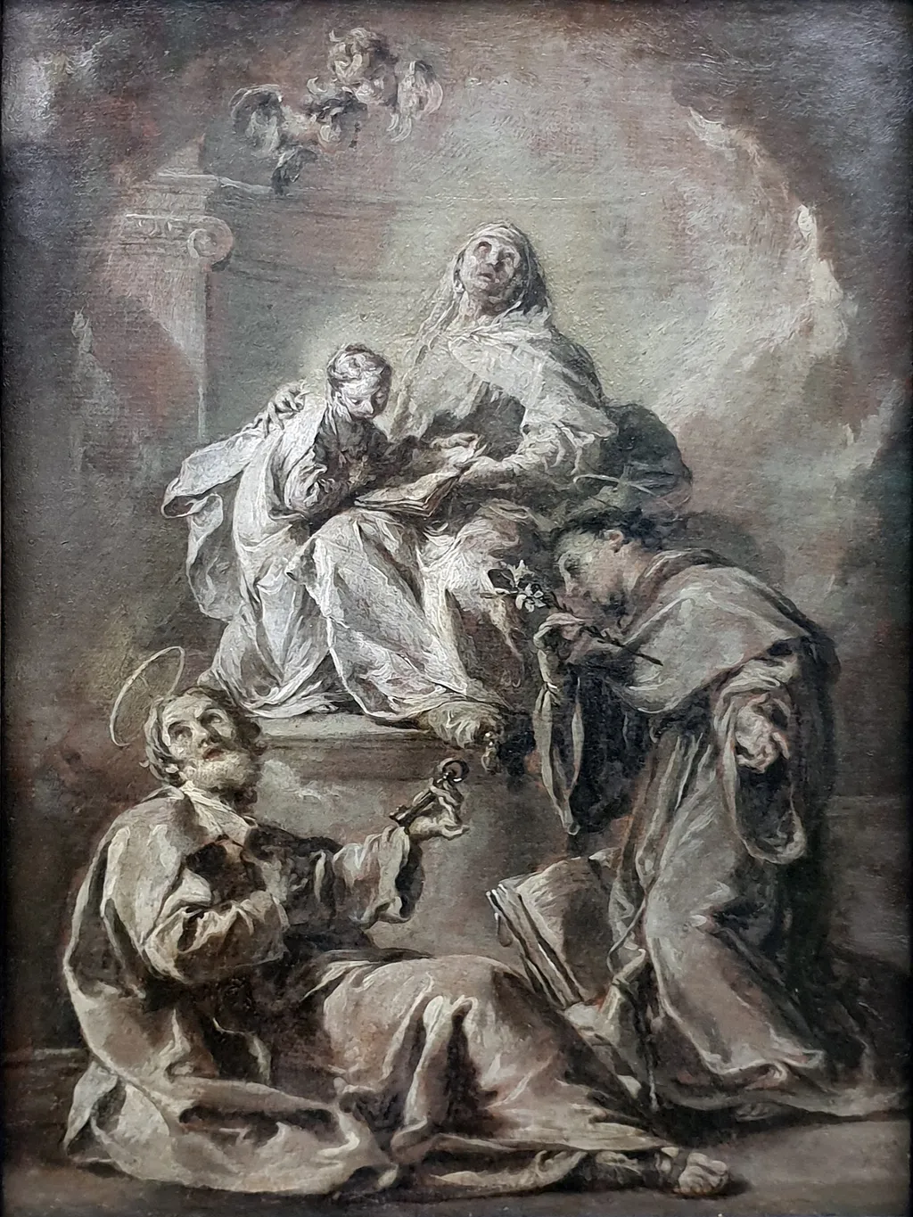 St. Anna, accompanied by St. Peter and St. Anthony of Padua, instructs the young Mary in reading the Holy Bible, by Giambattista Pittoni, unspecified, 1748