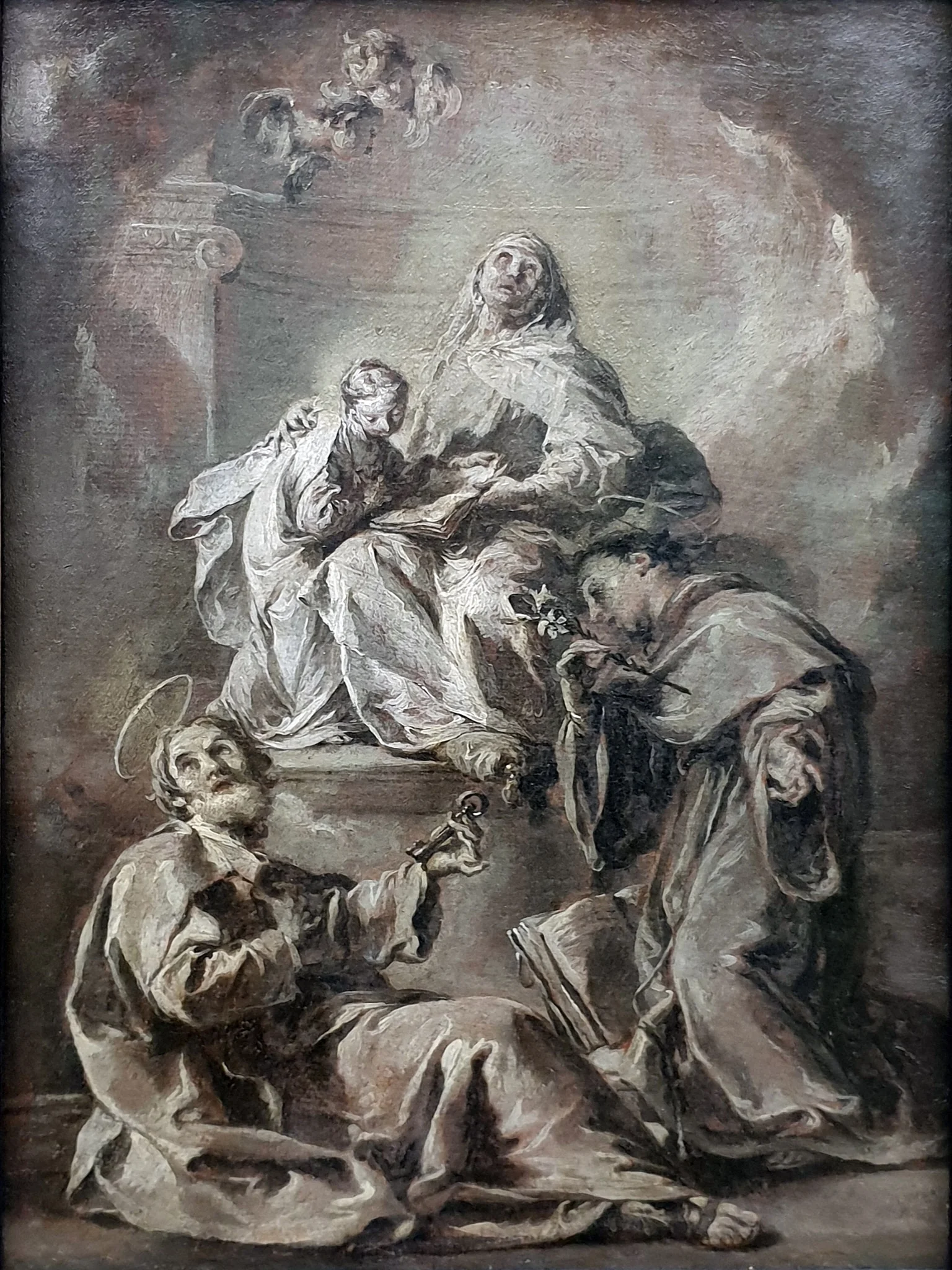 St. Anna, accompanied by St. Peter and St. Anthony of Padua, instructs the young Mary in reading the Holy Bible, detail