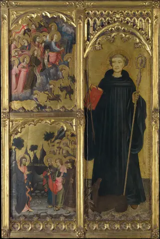 Saint Giles with Christ Triumphant over Satan and the Mission of the Apostles, by Miguel Alcañiz the Elder, tempera, 1408