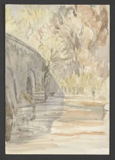 A bridge seen from a riverbank, by Beatrix Potter
