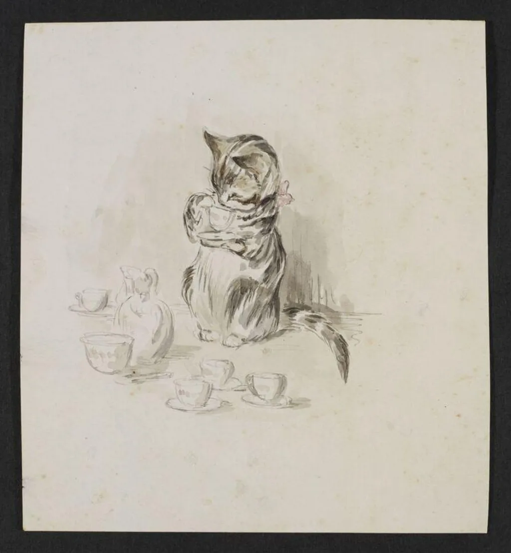 A cat drinking from a cup and saucer, by Beatrix Potter, watercolor, 1894