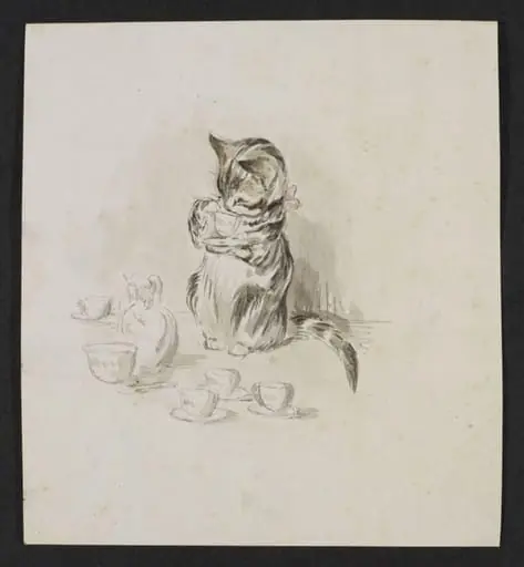 A cat drinking from a cup and saucer, by Beatrix Potter