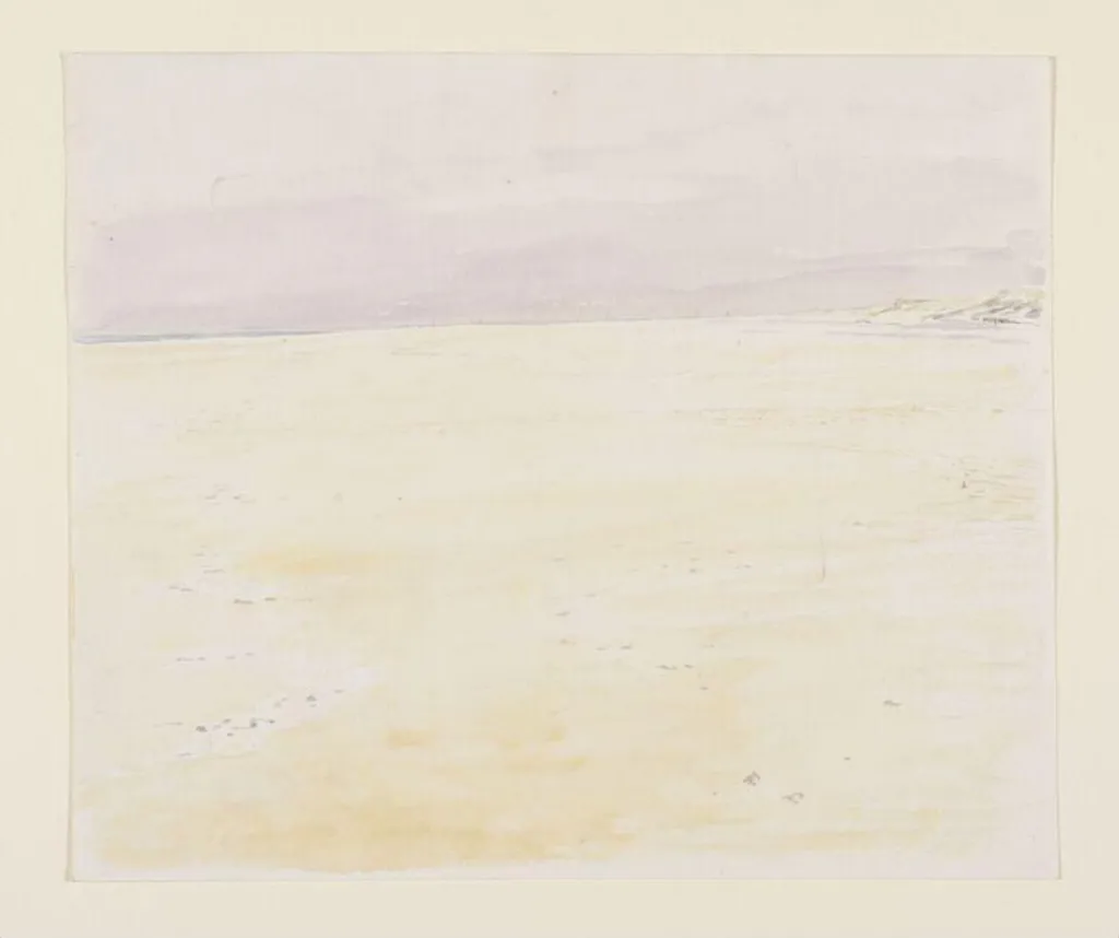 A flat, sandy beach with a purplish sky beyond, by Beatrix Potter, watercolor, 1850