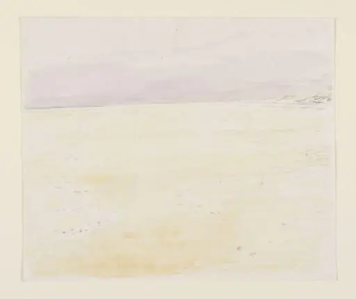 A flat, sandy beach with a purplish sky beyond, by Beatrix Potter