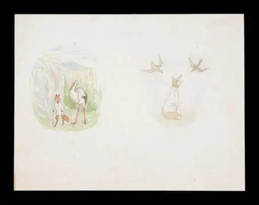 A fox in a glade with a stork; a fox looking up at two birds, by Beatrix Potter