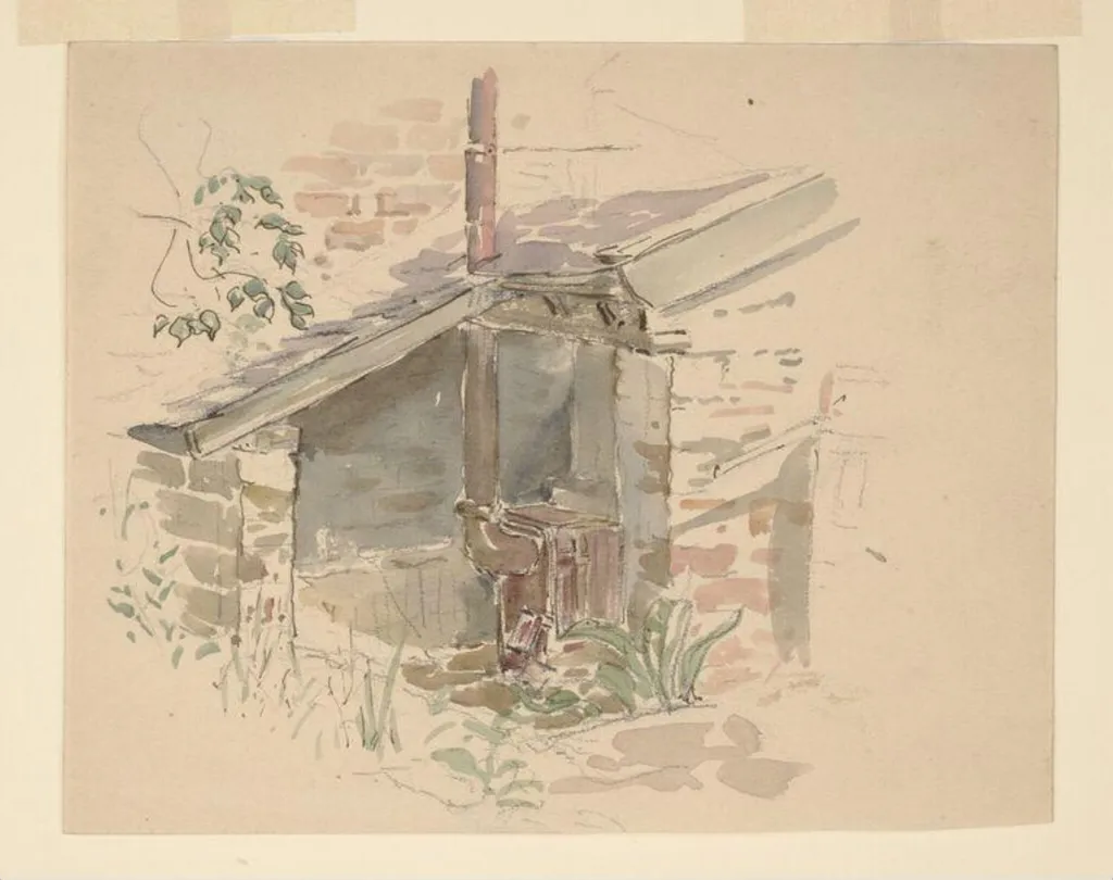 A garden shed with iron stove and chimney in the garden at Gwaynynog, by Beatrix Potter, watercolor, 1909