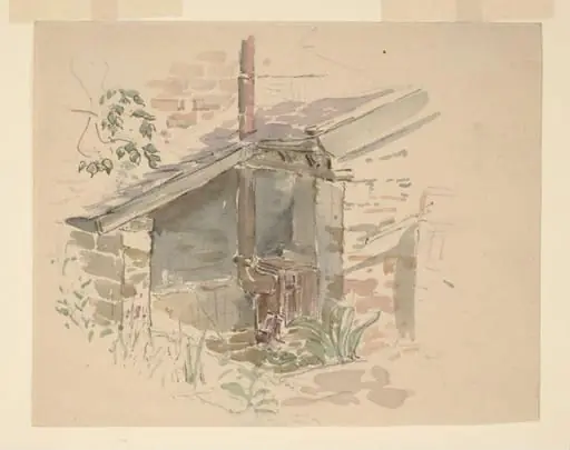 A garden shed with iron stove and chimney in the garden at Gwaynynog, by Beatrix Potter