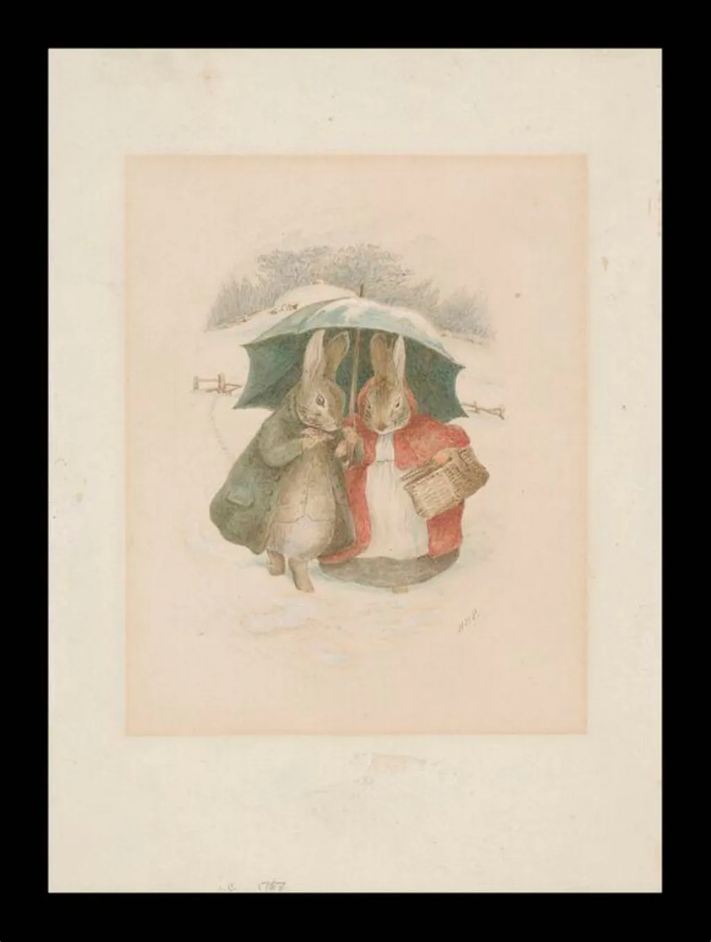 A gentleman and lady rabbit walking through the snow under an umbrella, by Beatrix Potter, watercolor, 1890