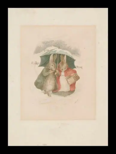 A gentleman and lady rabbit walking through the snow under an umbrella, by Beatrix Potter