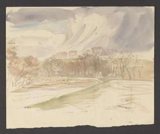 A lake and trees beneath a stormy sky, by Beatrix Potter