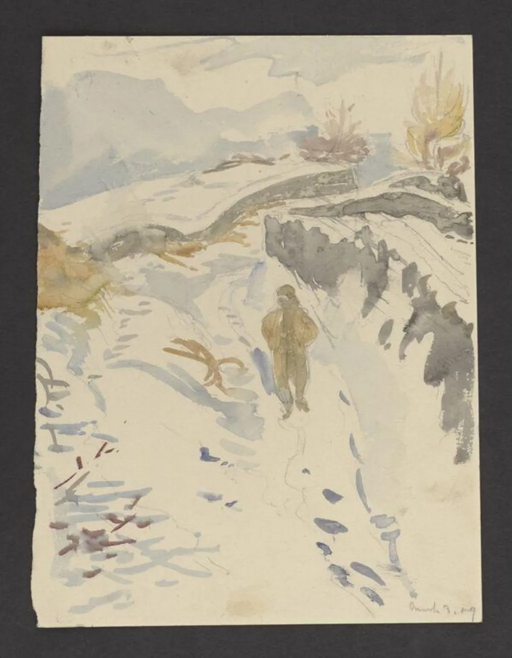 A man walking through a snowy landscape, by Beatrix Potter, watercolor, 3