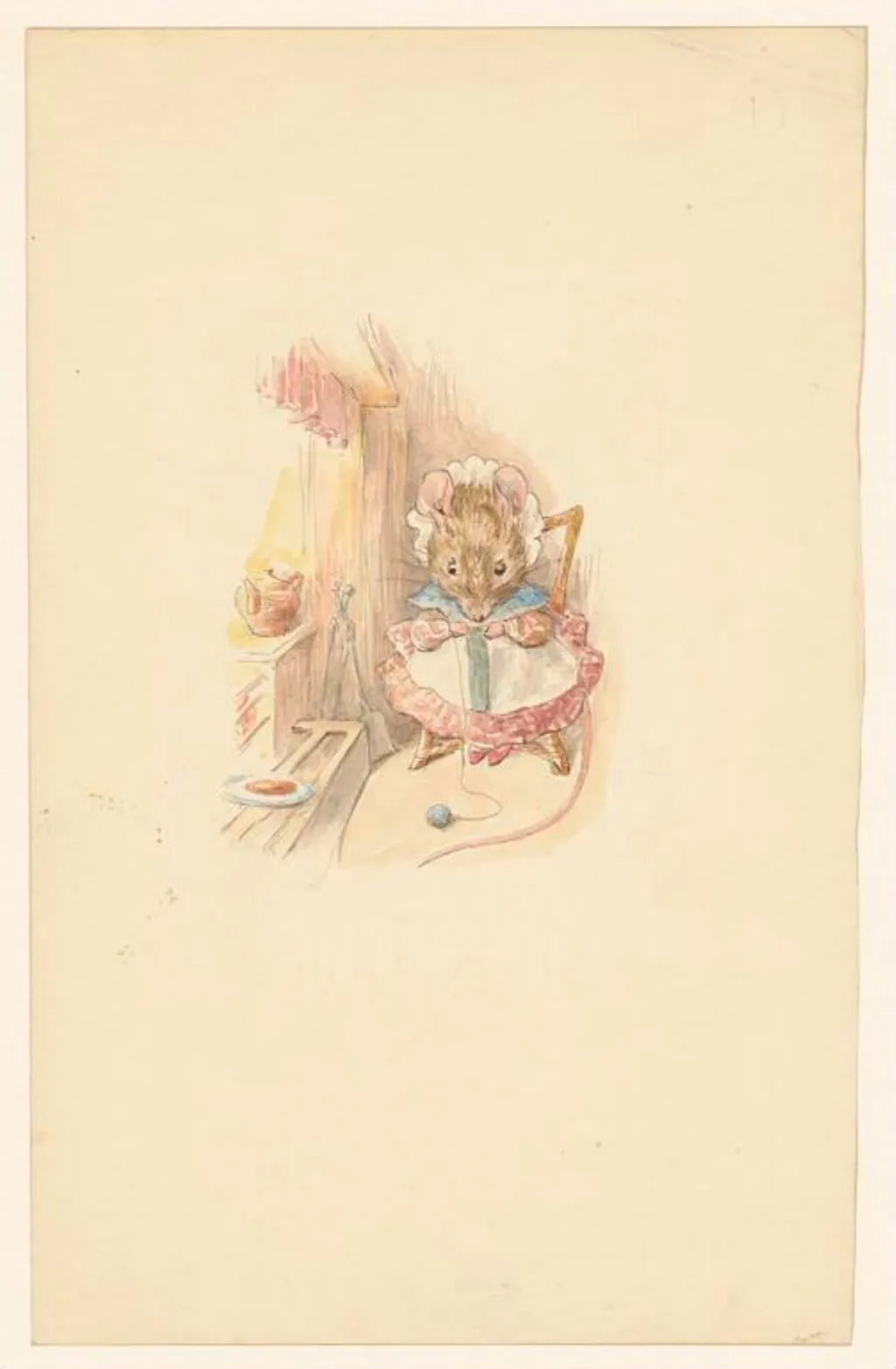 A mouse knitting, by Beatrix Potter, watercolor, 1905