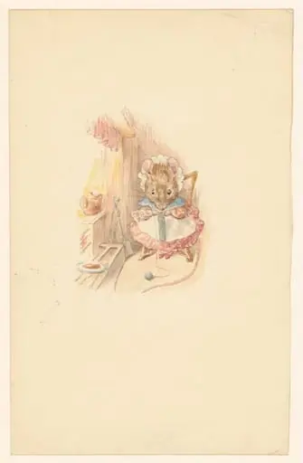 A mouse knitting, by Beatrix Potter