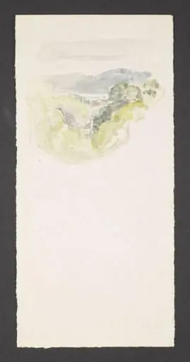 A view, through trees, of a lake and mountains, by Beatrix Potter