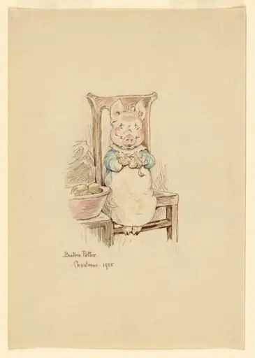 Design for a Christmas card: little pig sitting in a chair, by Beatrix Potter