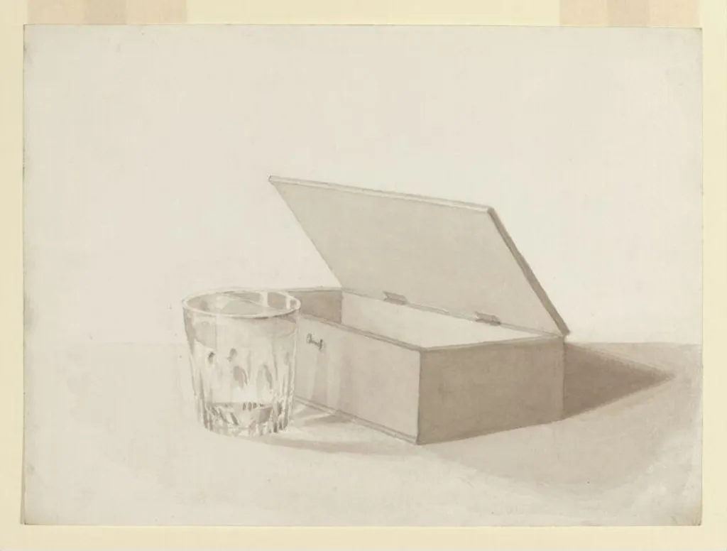 Drawing of a wooden box and glass tumbler, by Beatrix Potter, 1879