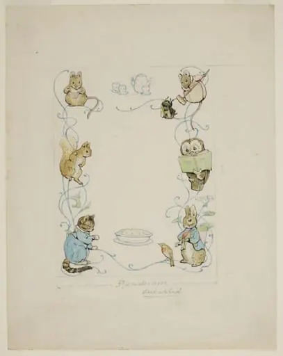 Endpaper design for a foreign translation of the Peter Rabbit books, by Beatrix Potter