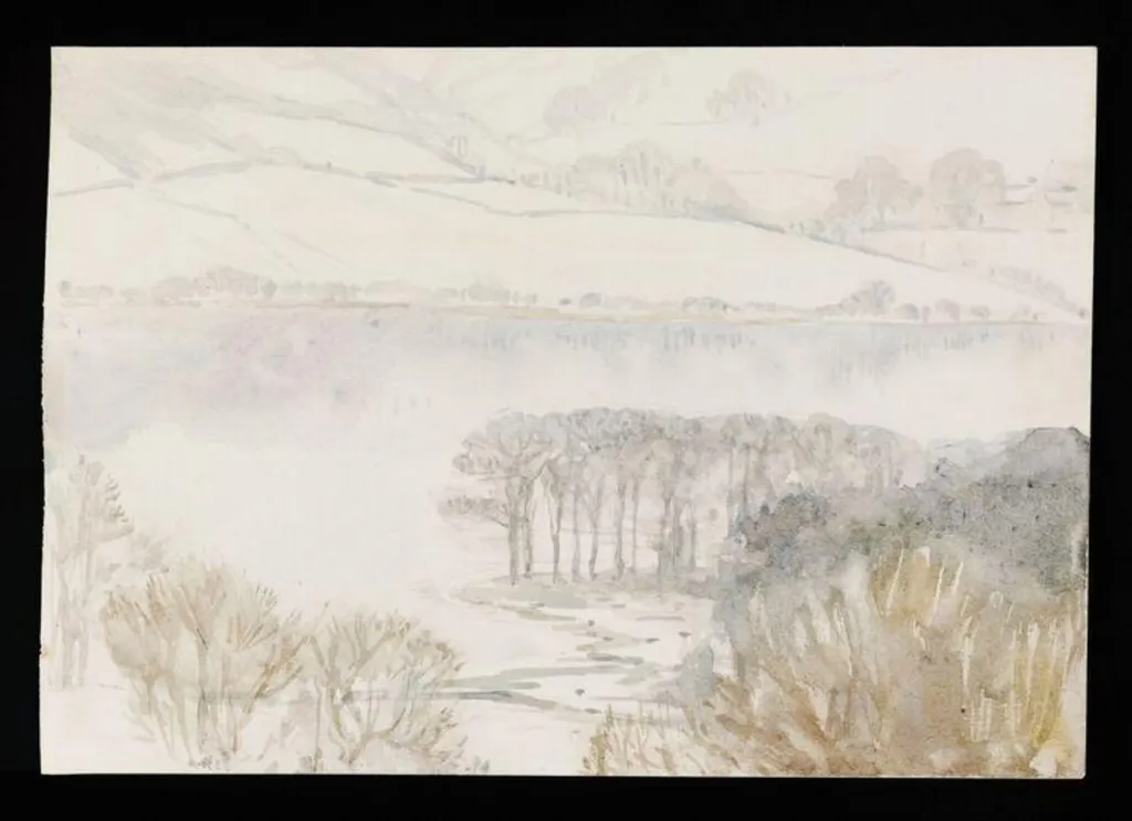 Esthwaite Water and snow-covered hills, by Beatrix Potter, watercolor, 1913