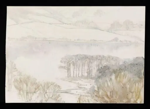 Esthwaite Water and snow-covered hills, by Beatrix Potter