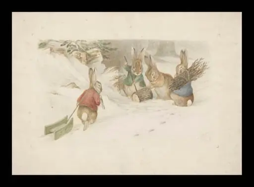 Four rabbits in the snow, by Beatrix Potter