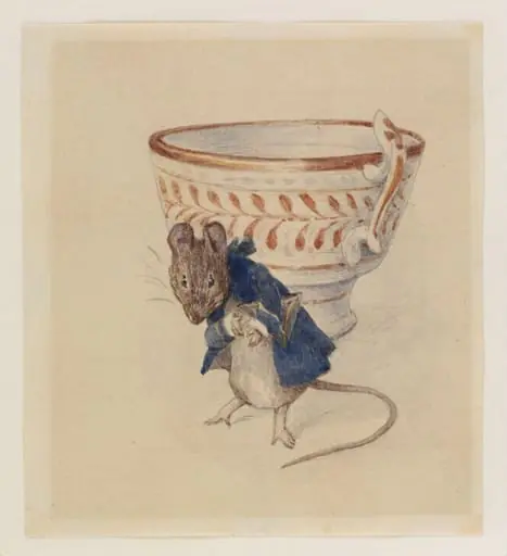 Gentleman mouse bowing beside a teacup, by Beatrix Potter