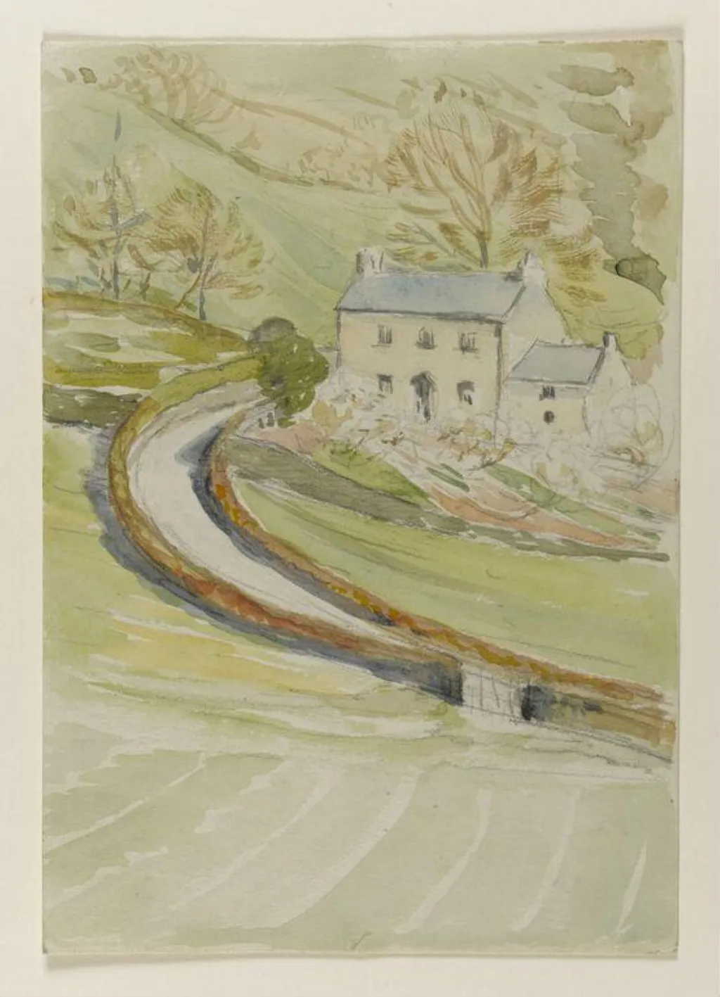 House in a steep-sided valley with a winding road, by Beatrix Potter, watercolor