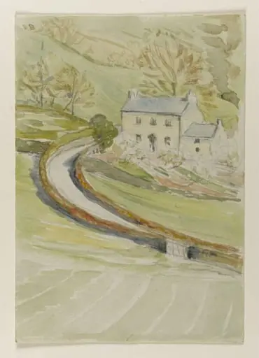 House in a steep-sided valley with a winding road, by Beatrix Potter