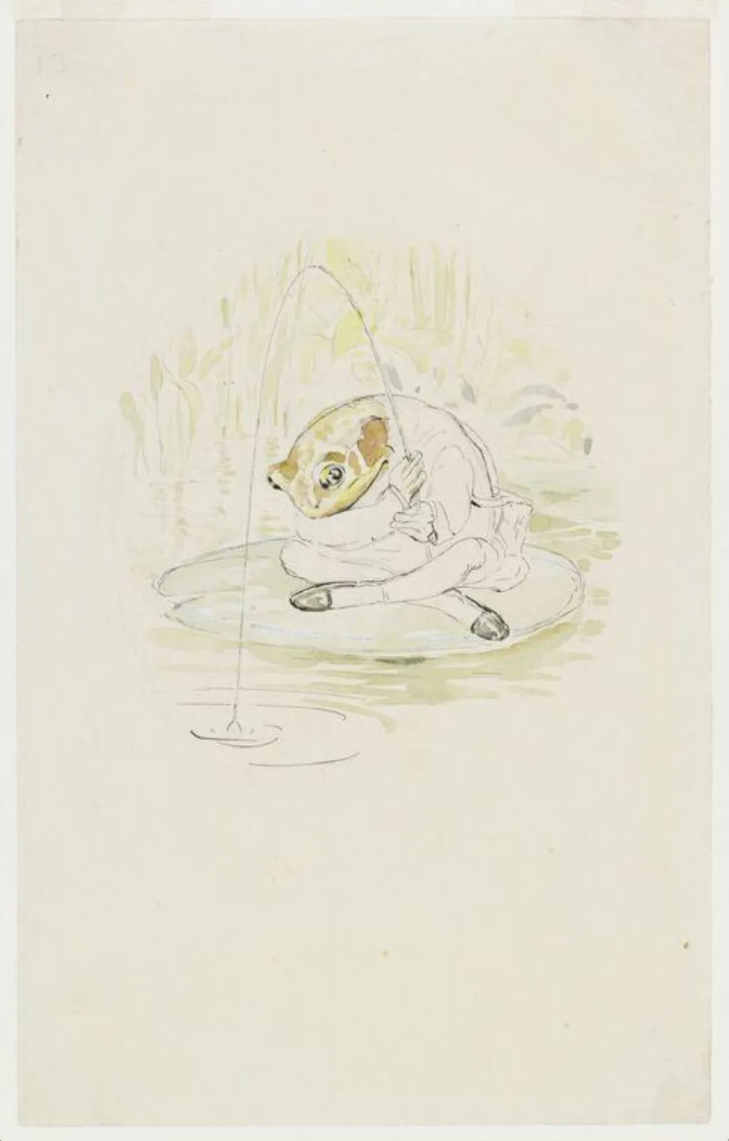 Jeremy Fisher sitting fishing on a waterlily leaf: preparatory drawing for The tale of Mr. Jeremy Fisher, by Beatrix Potter, watercolor, 1906