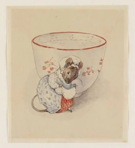 Lady mouse curtseying beside a tea-cup, by Beatrix Potter