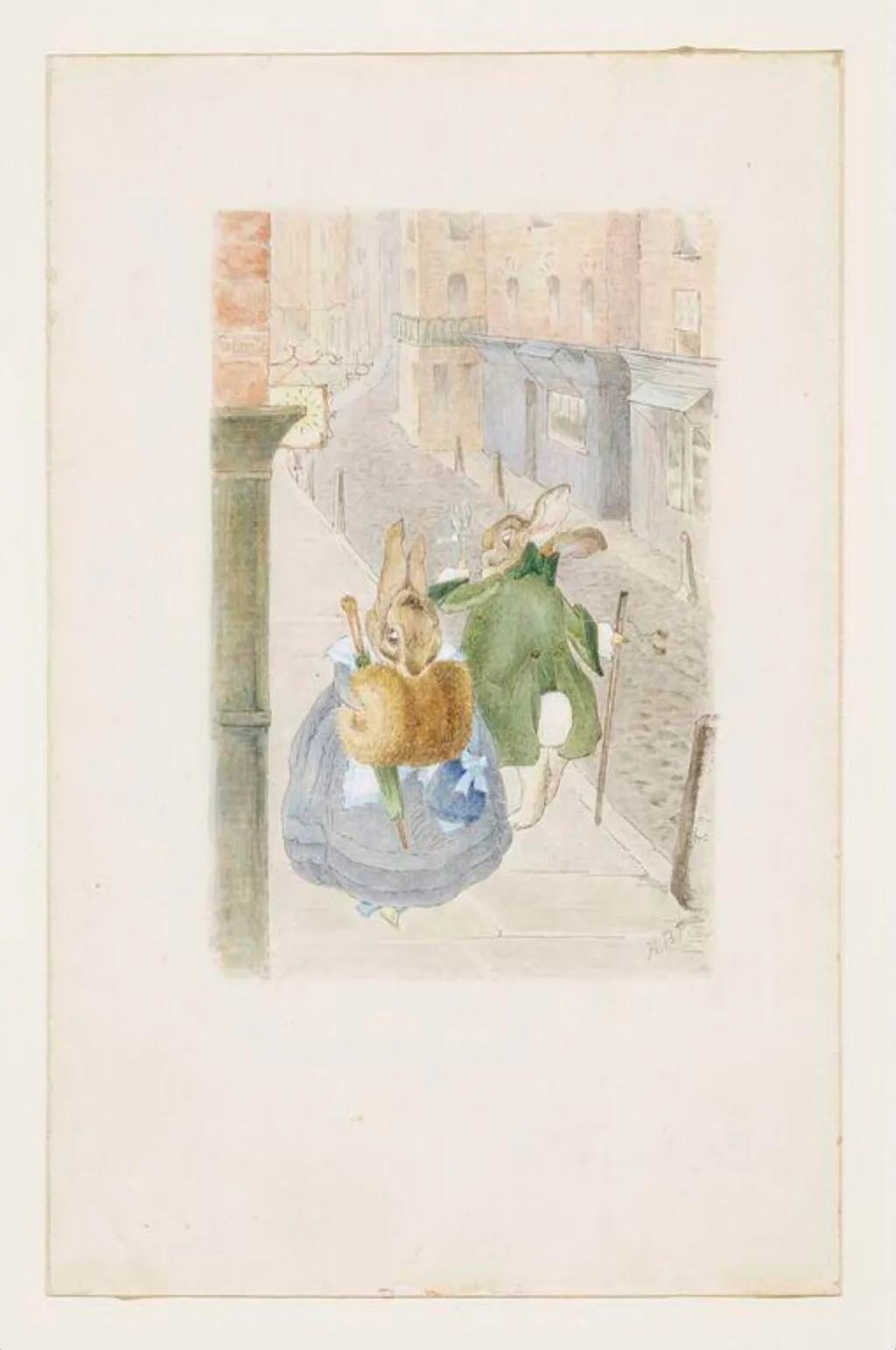 Lady rabbit and gentleman rabbit passing on the street, by Beatrix Potter, watercolor, 1890