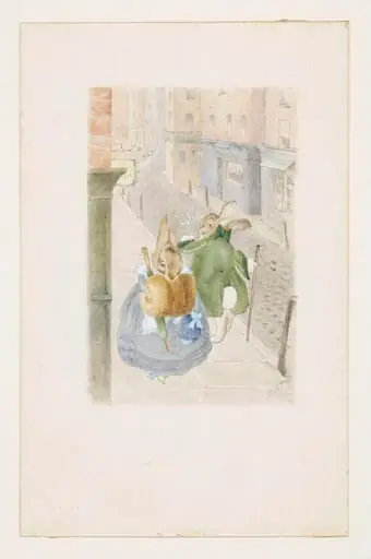 Lady rabbit and gentleman rabbit passing on the street, by Beatrix Potter