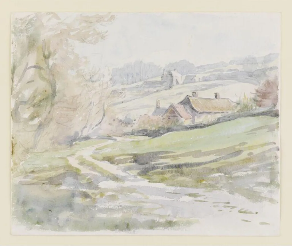 Landscape near Sidmouth, with cottages surrounded by fields and woods, by Beatrix Potter, watercolor, 1904