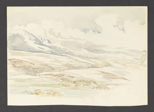Landscape with hills under snow and a lake, by Beatrix Potter