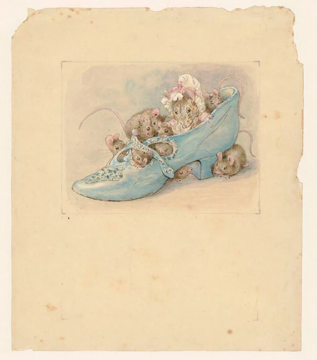 Mice in a shoe, by Beatrix Potter, watercolor, 1905