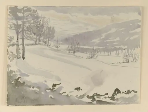 Mountains and fields in snow, by Beatrix Potter