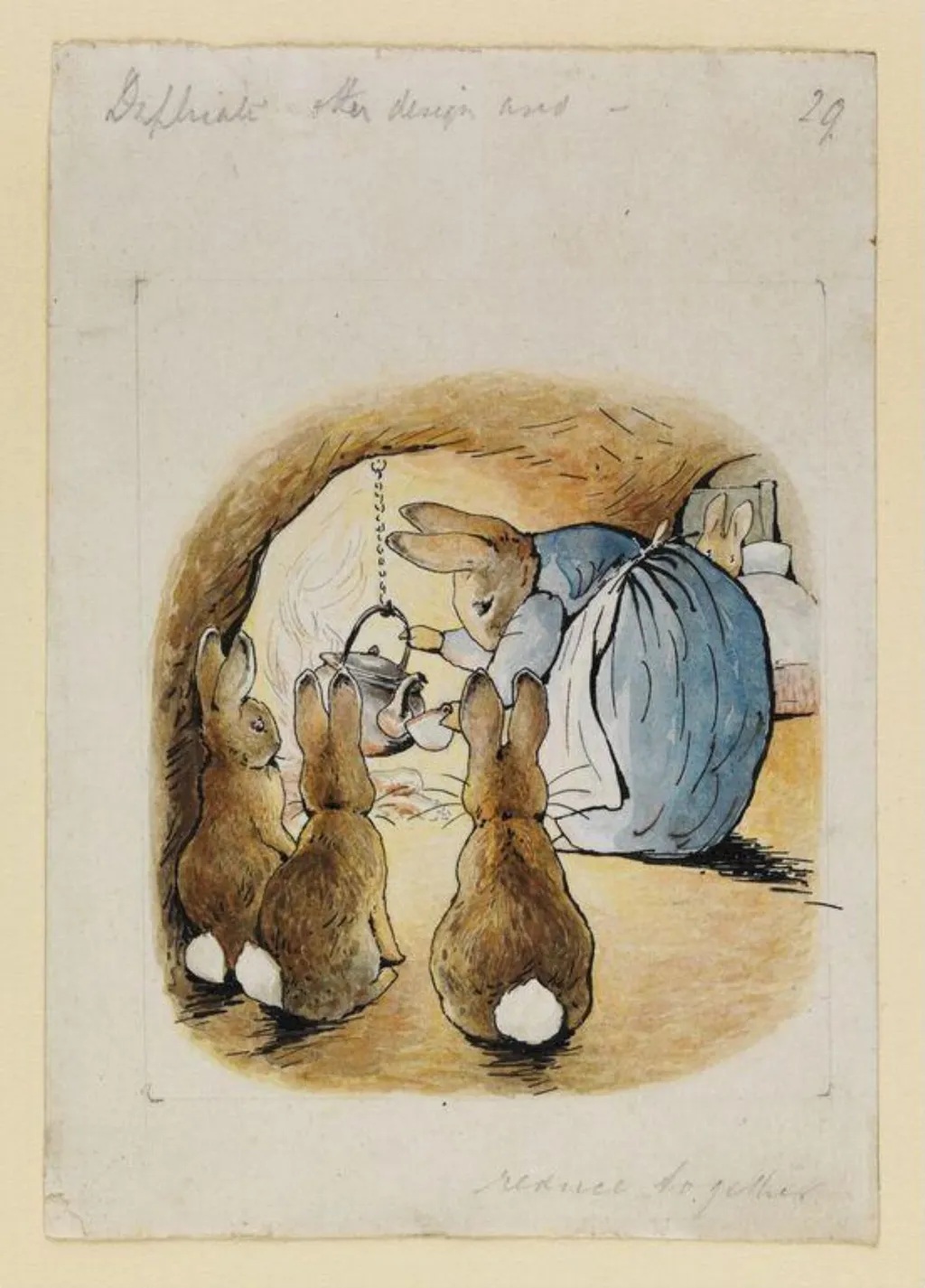 Mrs Rabbit pouring out the tea for Peter while her children look on: variant illustration for The tale of Peter Rabbit, by Beatrix Potter, watercolor, 1904