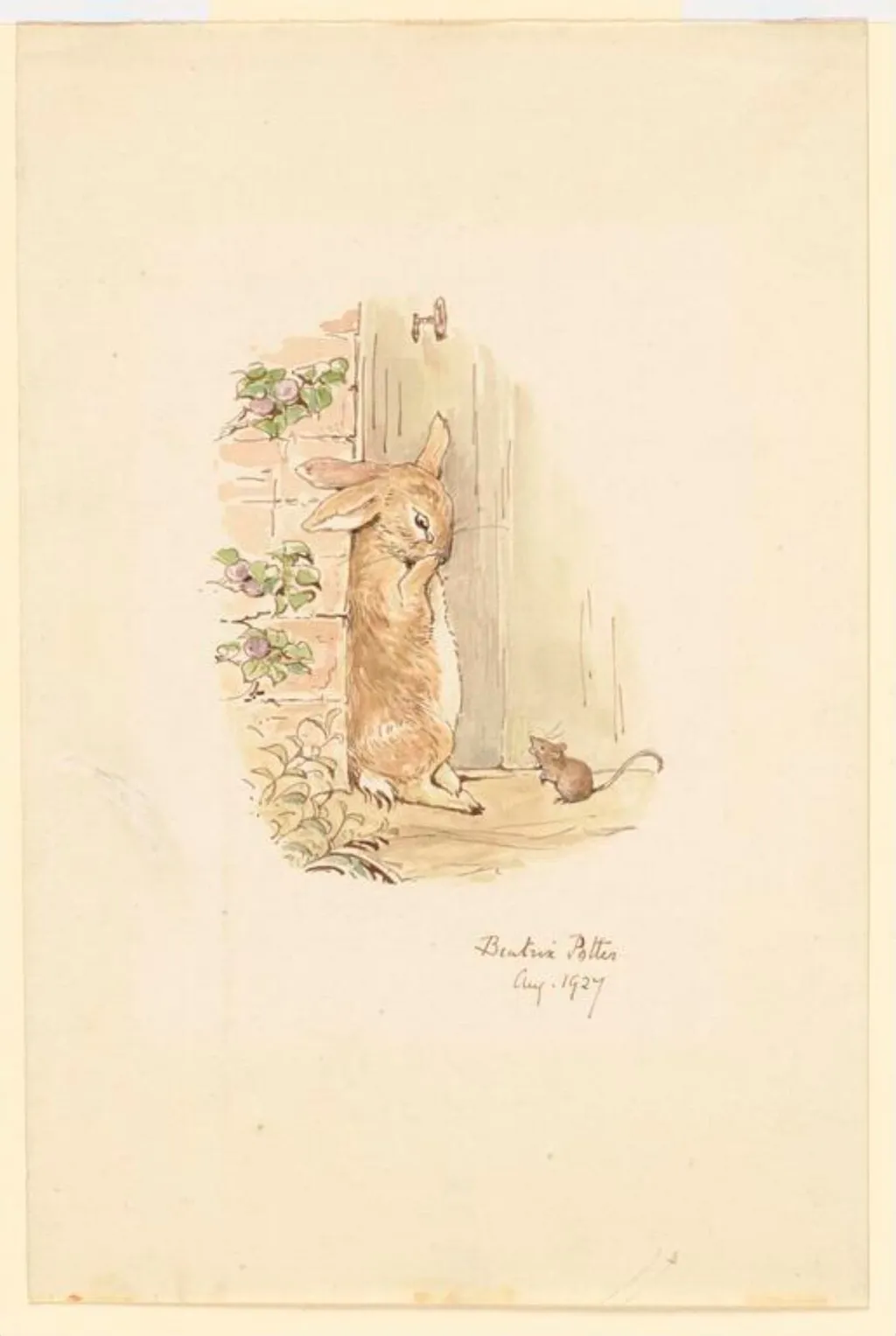 Peter by the door in the wall, by Beatrix Potter, watercolor, 1927