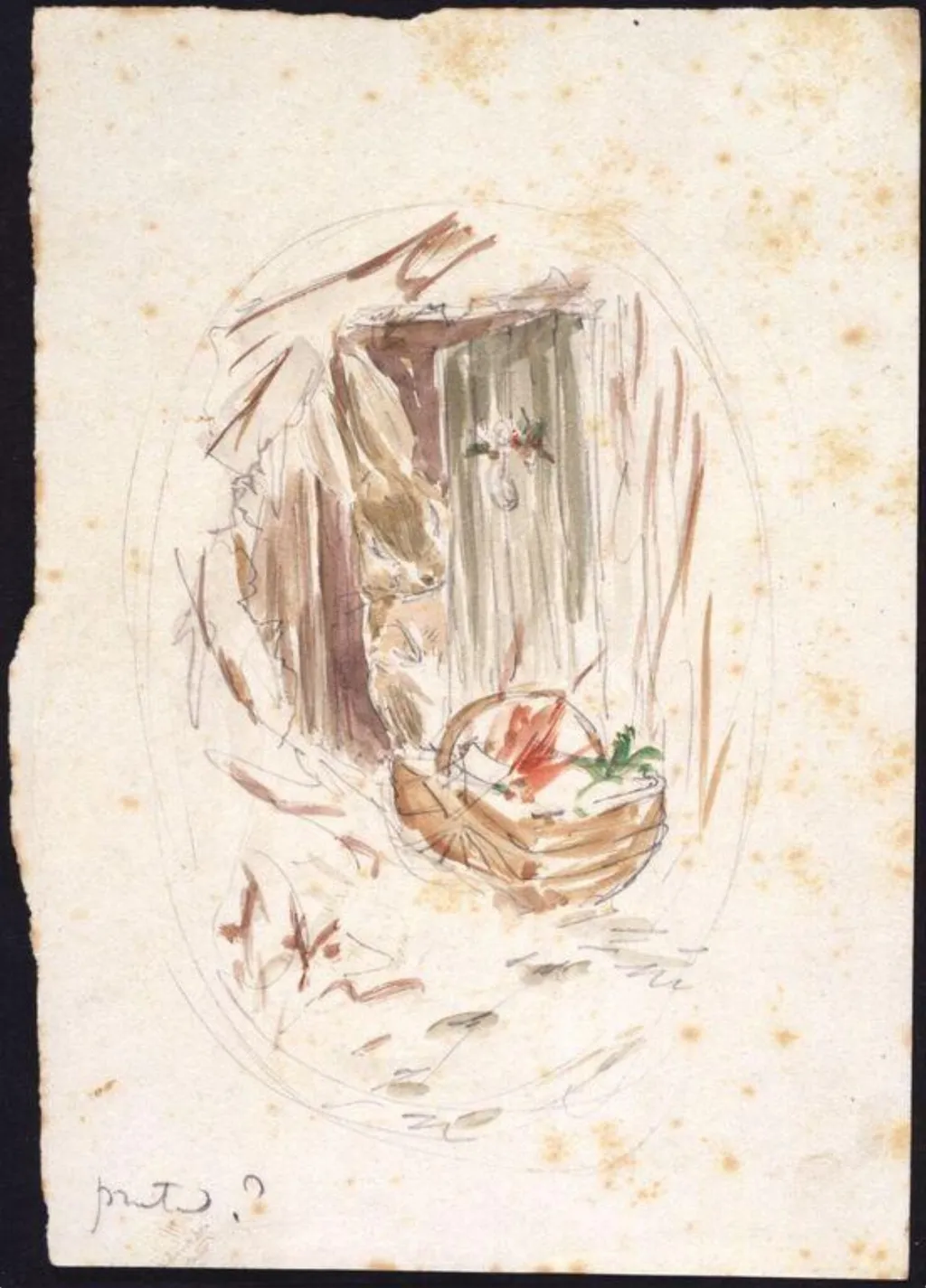 Rabbit opening a door to find a basket of food, including carrots, by Beatrix Potter, watercolor, 1894