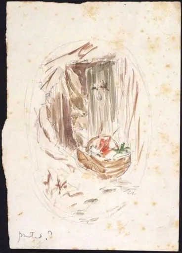 Rabbit opening a door to find a basket of food, including carrots, by Beatrix Potter