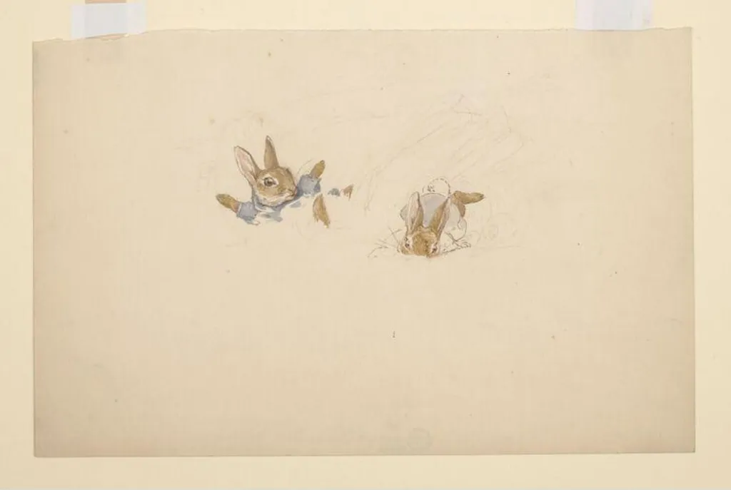 Rabbits falling into snow, by Beatrix Potter, watercolor, 1894