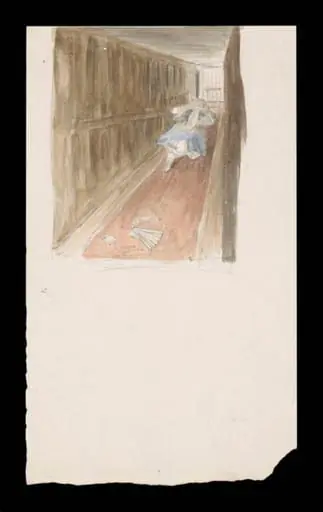 Rear view of the White Rabbit running away along the corridor, by Beatrix Potter
