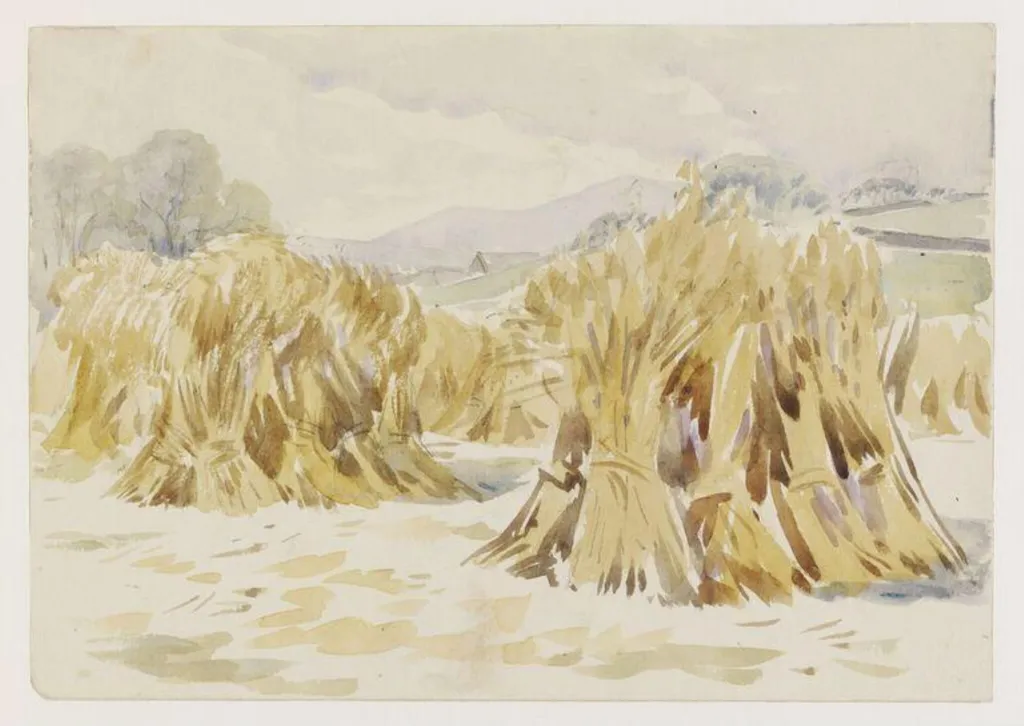 Sheaves of corn in a field, Sawrey, by Beatrix Potter, watercolor