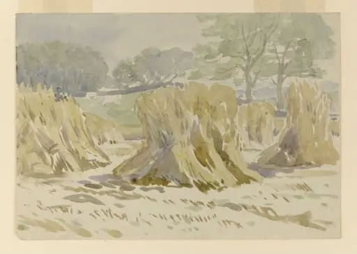 Sheaves of corn, with trees in the distance, by Beatrix Potter