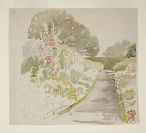 Sketch of a path and flower beds in the garden at Gwaynynog