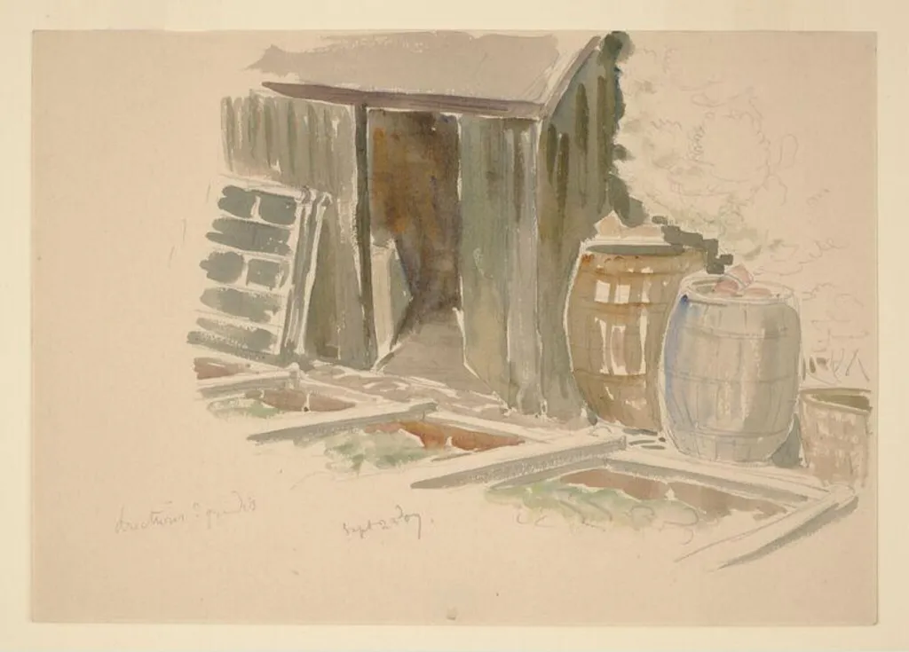 Sketch of a shed, cold frames and water butts in the garden at Gwaynynog, by Beatrix Potter, watercolor, 16